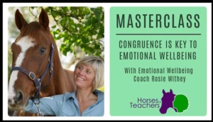 the left side is a portrait of Rosie Withey with her horse Jack and the right side has the words Masterclass - congruence is key to emotional wellbeing - with emotional wellbeing coach Rosie Withey