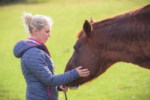 A blonde woman gently stroking a dark brown horse on the cheek