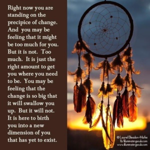Image of a dream catcher with the text "Right now you are standing on the precipice of change. And you may be feeling like it might be too much for you. But it is not. Too much. It is just the right amount to get you where you need to be. You may be feeling that the change is so big that it will swallow you up. But it will not. It is here to birth you into a new dimension of you that is yet to exist." 