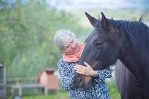 woman showing affection to a horse at trealy farm in wales