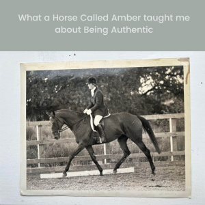 An old black and white photography of Rosie riding Amber